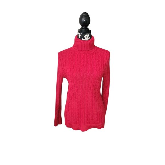 LL Bean Cable Knit Turtleneck Sweater Wmn L LS Red Christmas Holiday Fisherman - Picture 1 of 13